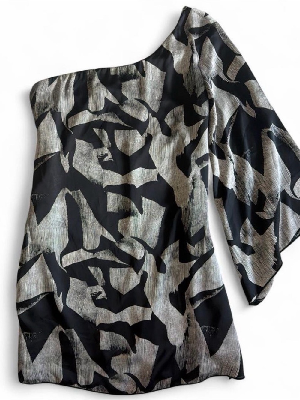 Poema One-Shoulder Black and Silver Abstract Print Dress